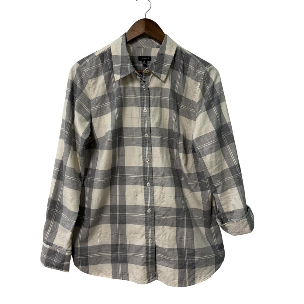 Talbots Button Down Shirt Tunic Top Womens M Grey Metallic Lurex Roll tab Sleeve